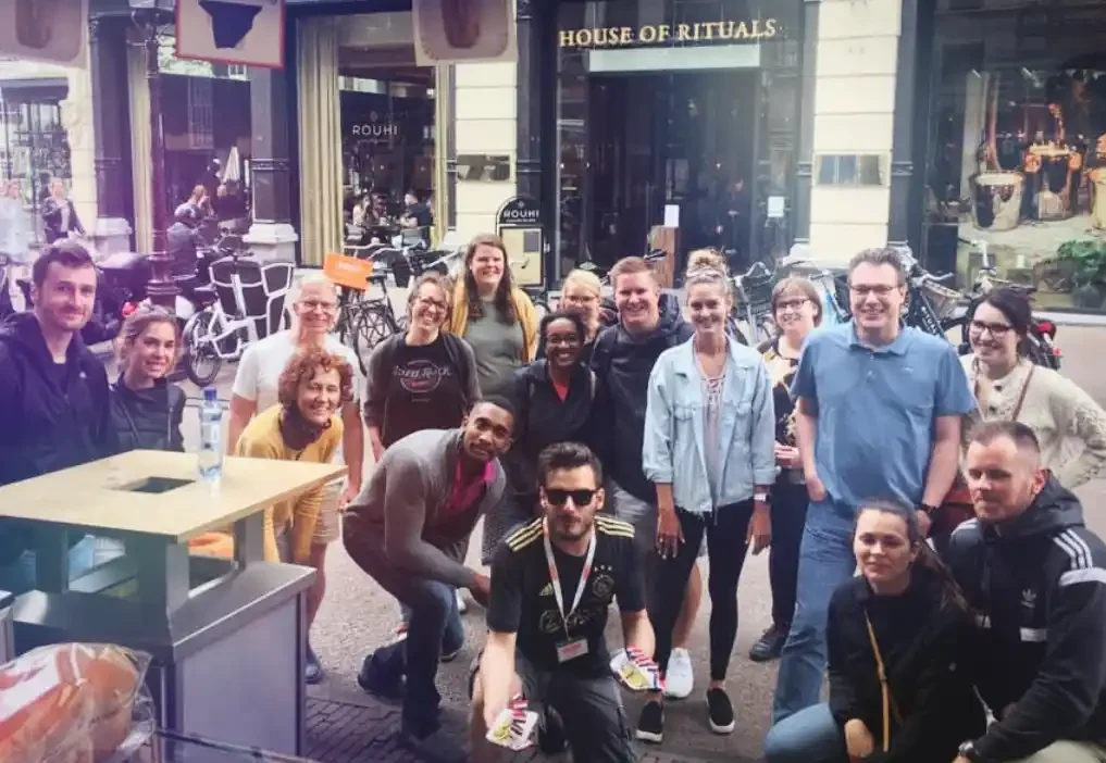 A happy group on a food tour in Amsterdam